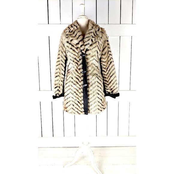 Vintage chevron striped chunky faux fur leather trim midi coat
